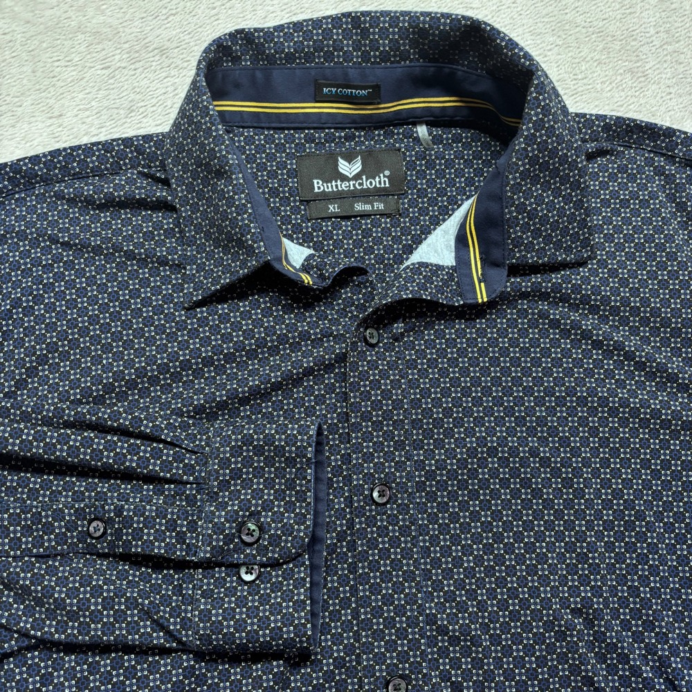 Buttercloth Icy Cotton Slim Fit Button Down Shirt Mens XL Blue Geometric Print